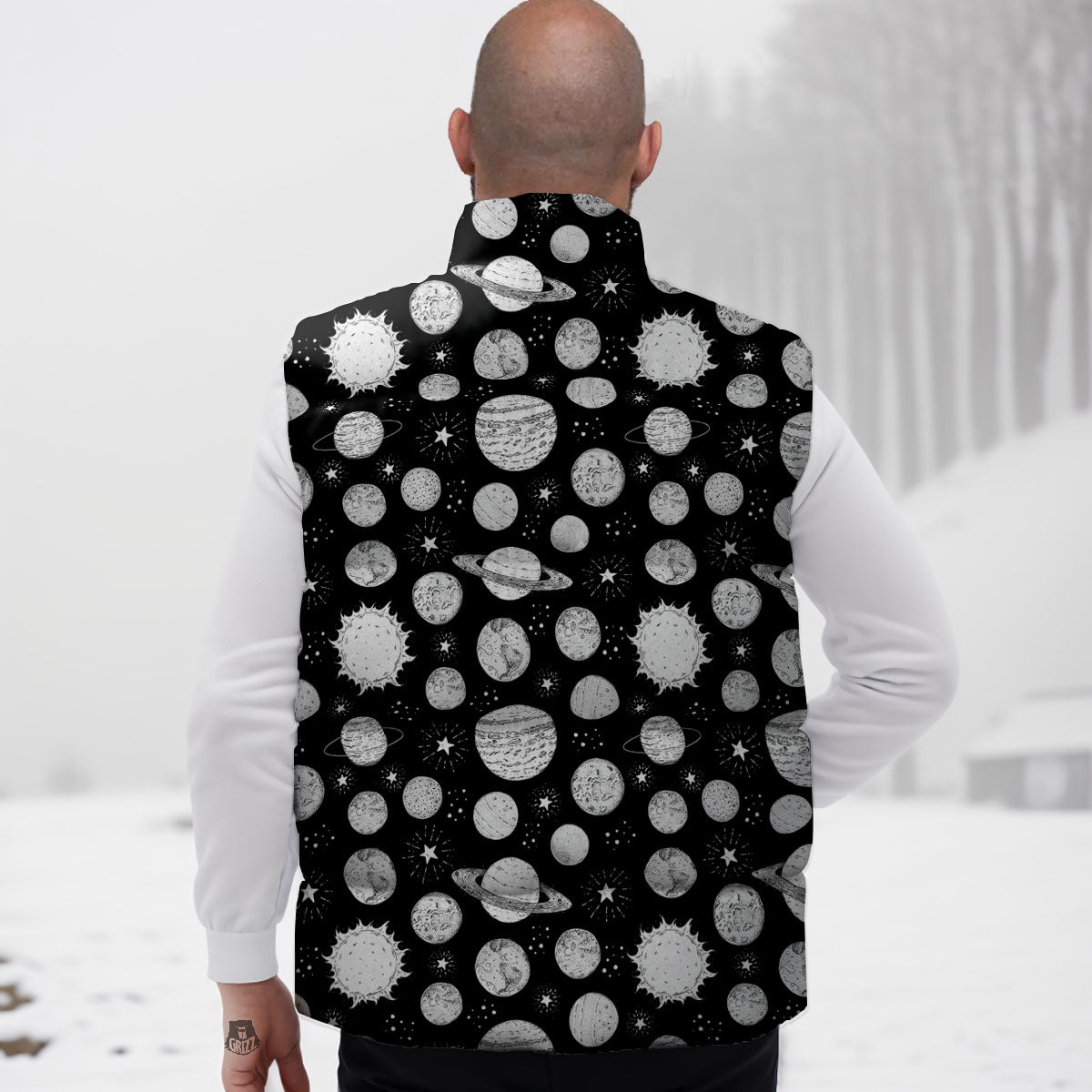 Planets White And Black Print Pattern Down Vest-grizzshop