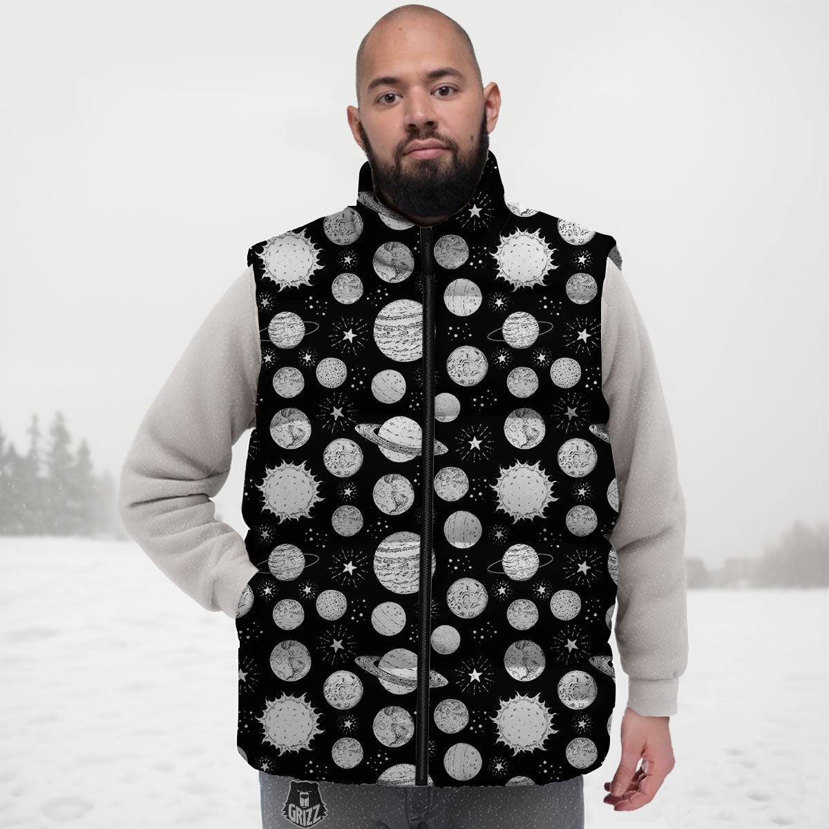 Planets White And Black Print Pattern Down Vest-grizzshop