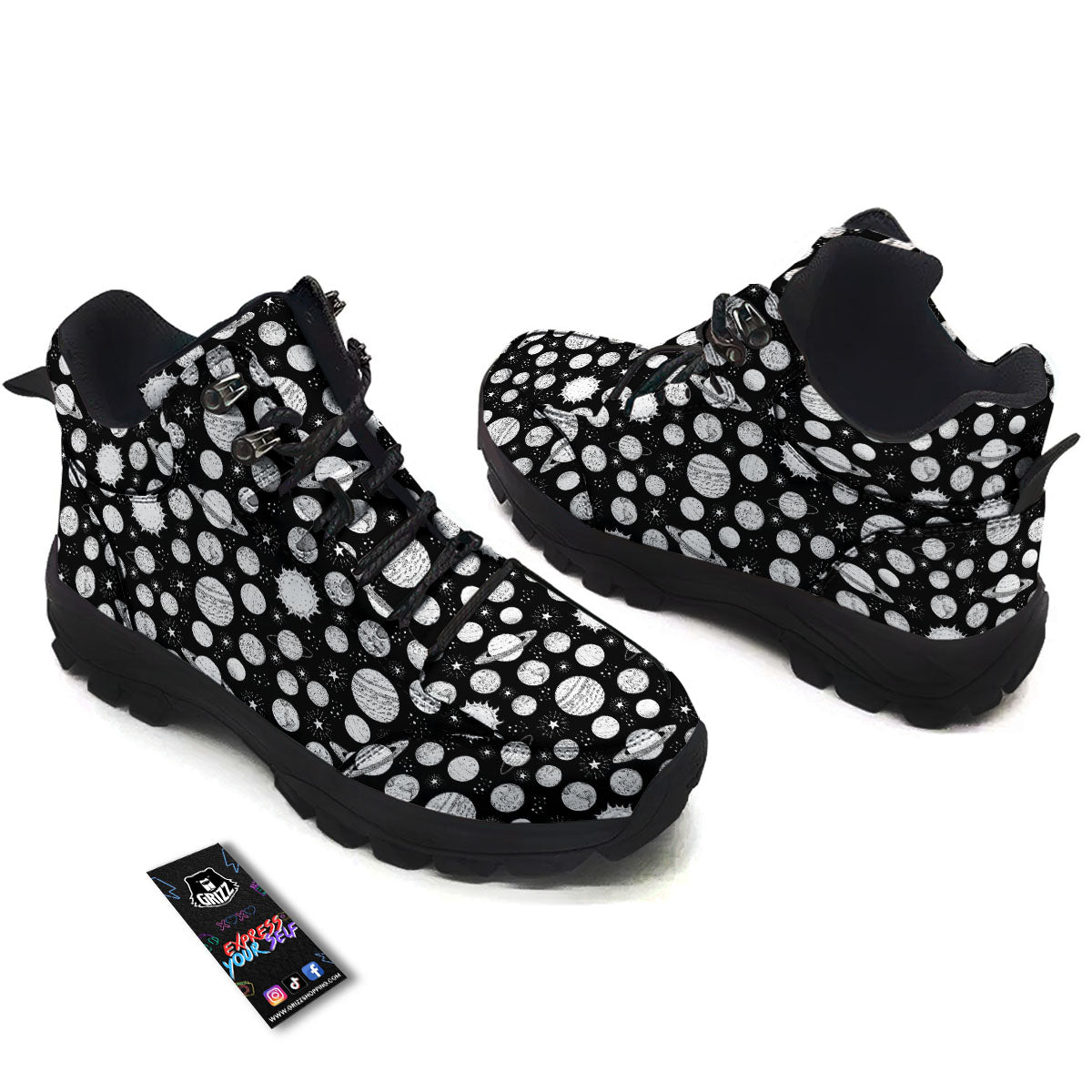 Planets White And Black Print Pattern Hiking Shoes-grizzshop