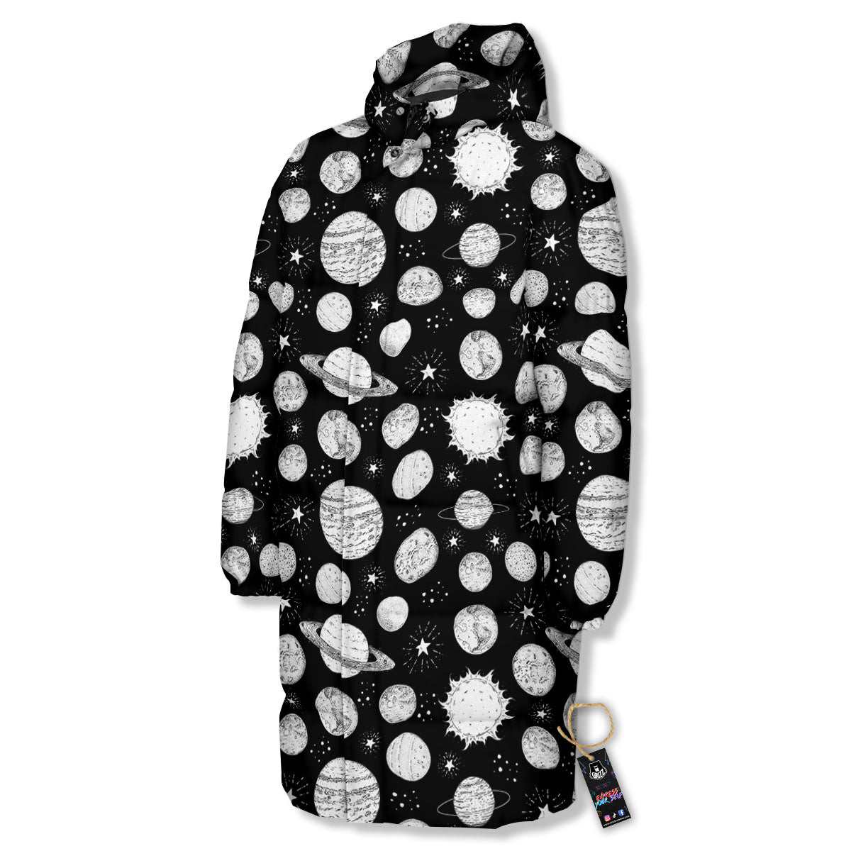 Planets White And Black Print Pattern Long Down Jacket-grizzshop
