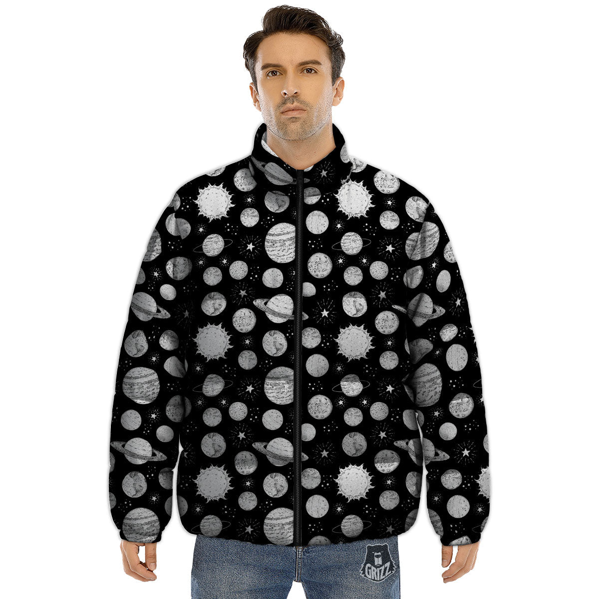 Planets White And Black Print Pattern Puffer Jacket-grizzshop