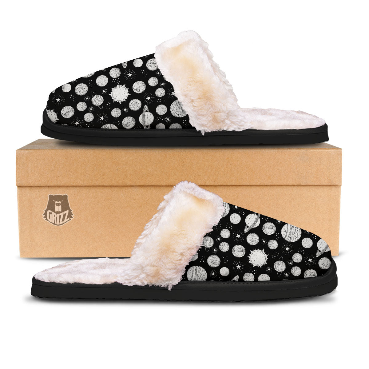 Planets White And Black Print Pattern Slippers-grizzshop