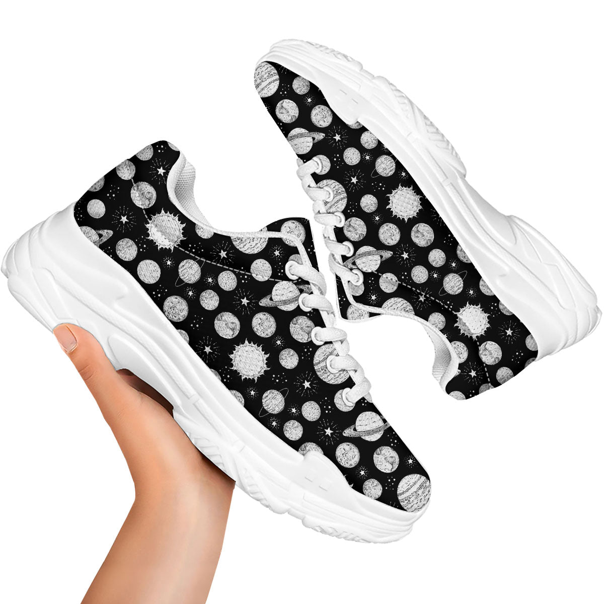 Planets White And Black Print Pattern White Chunky Shoes-grizzshop