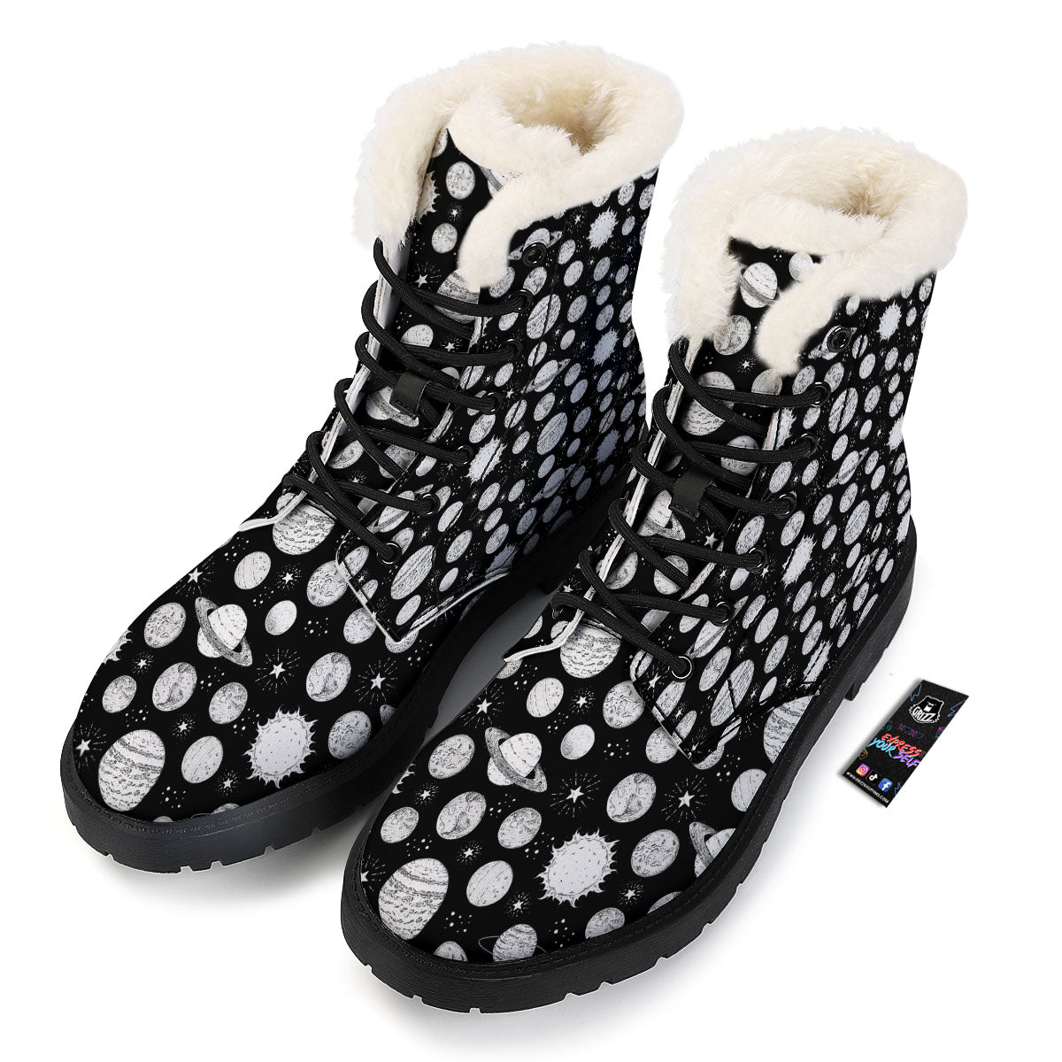 Planets White And Black Print Pattern Winter Boots-grizzshop