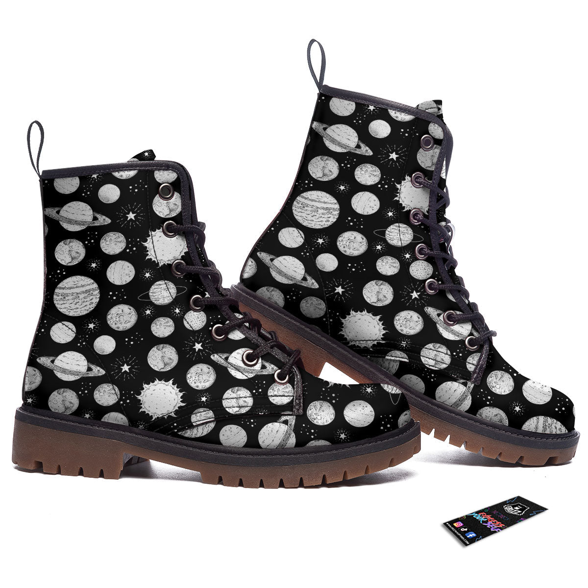 Planets White And Black Print Pattern Work Boots-grizzshop