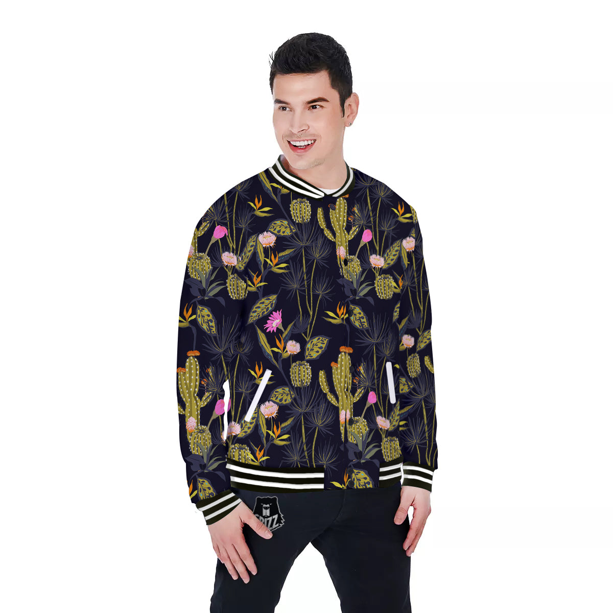 Plant Black Cactus Print Pattern Baseball Jacket-grizzshop