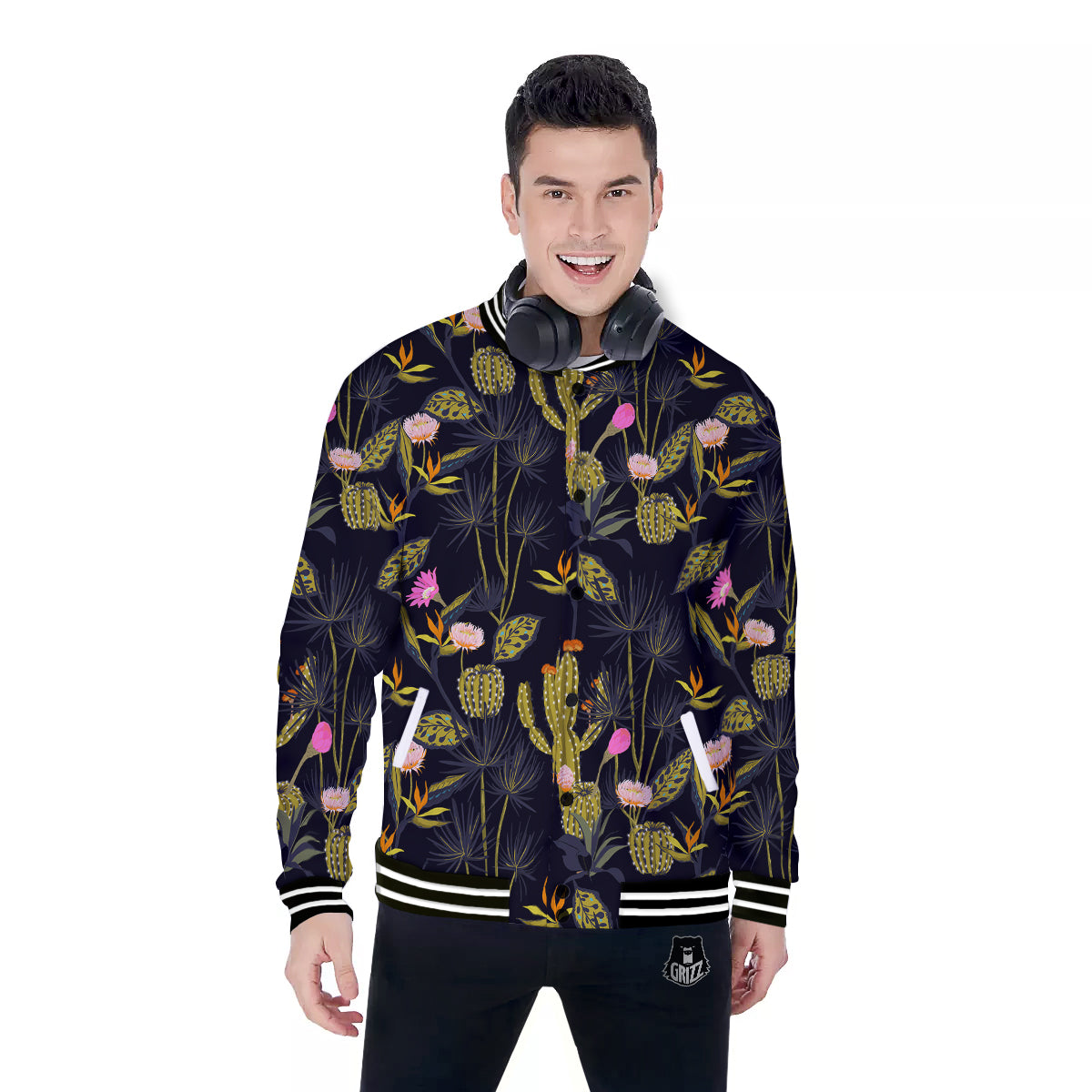 Plant Black Cactus Print Pattern Baseball Jacket-grizzshop