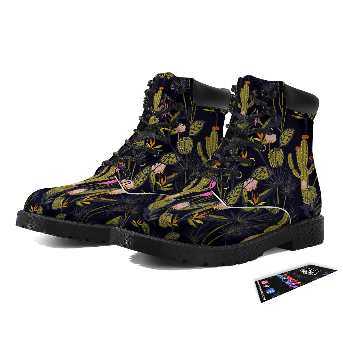 Plant Black Cactus Print Pattern Boots-grizzshop