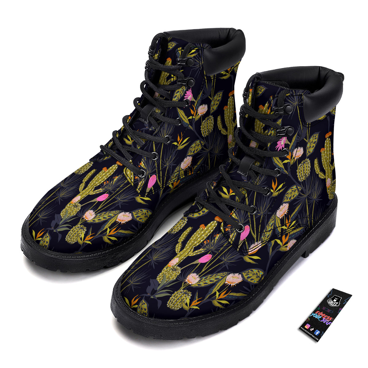 Plant Black Cactus Print Pattern Boots-grizzshop