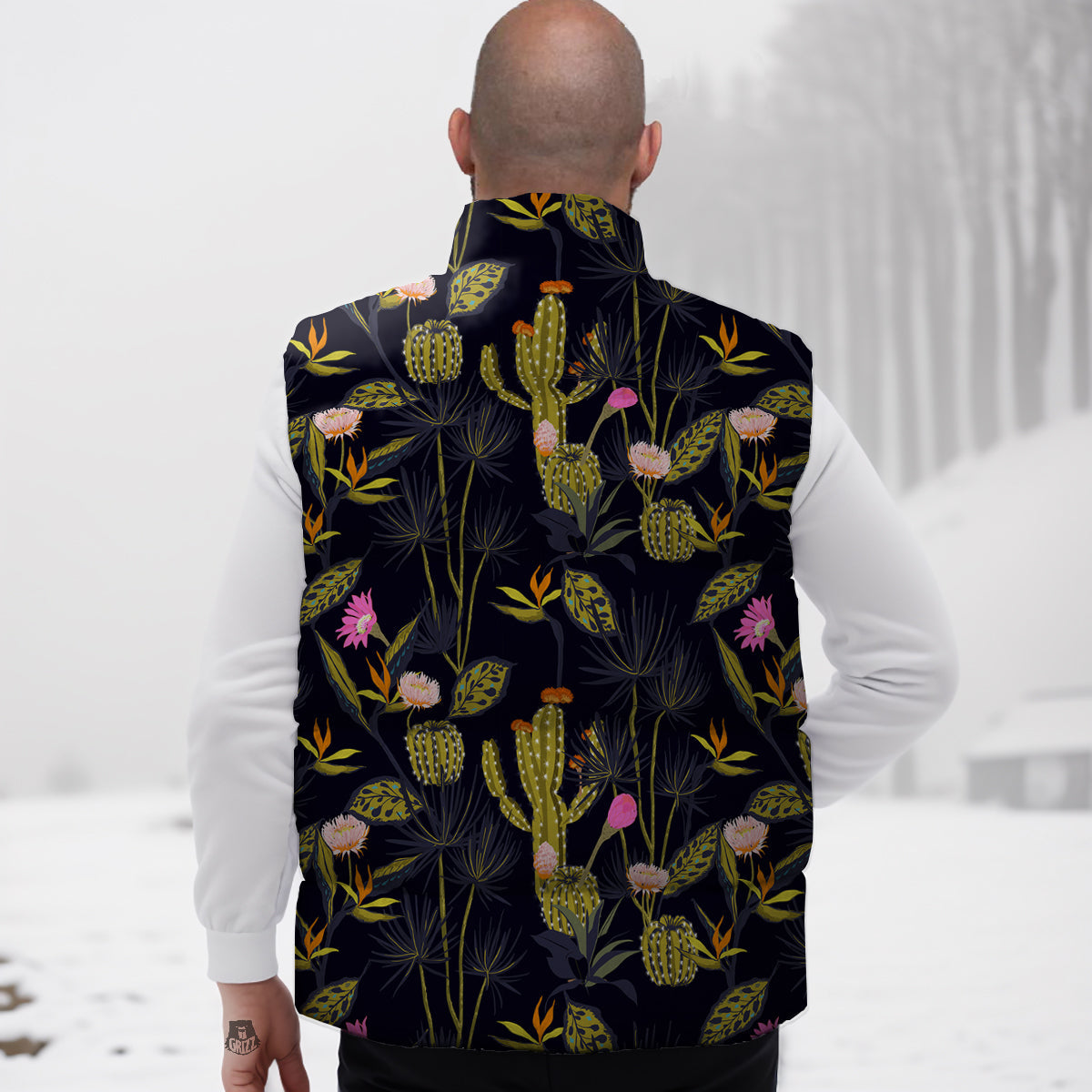Plant Black Cactus Print Pattern Down Vest