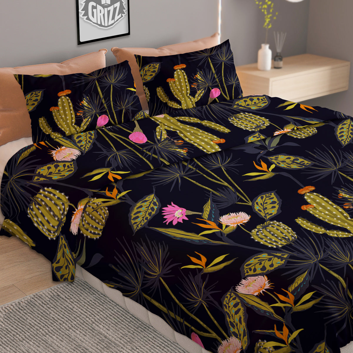 Plant Black Cactus Print Pattern Duvet Cover Bedding Set