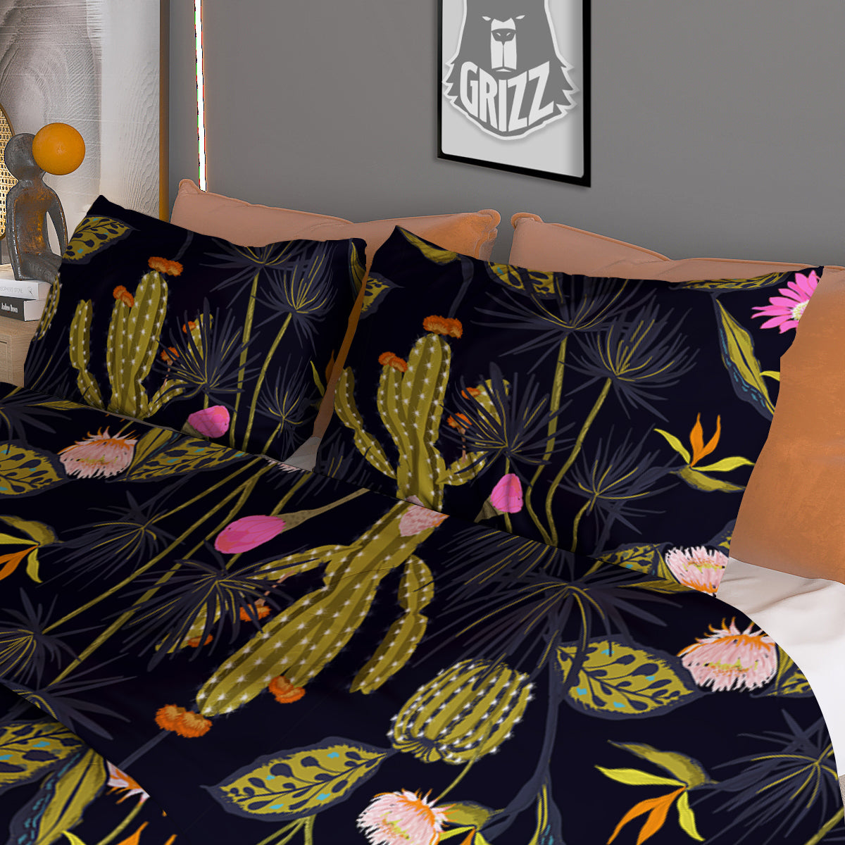 Plant Black Cactus Print Pattern Duvet Cover Bedding Set