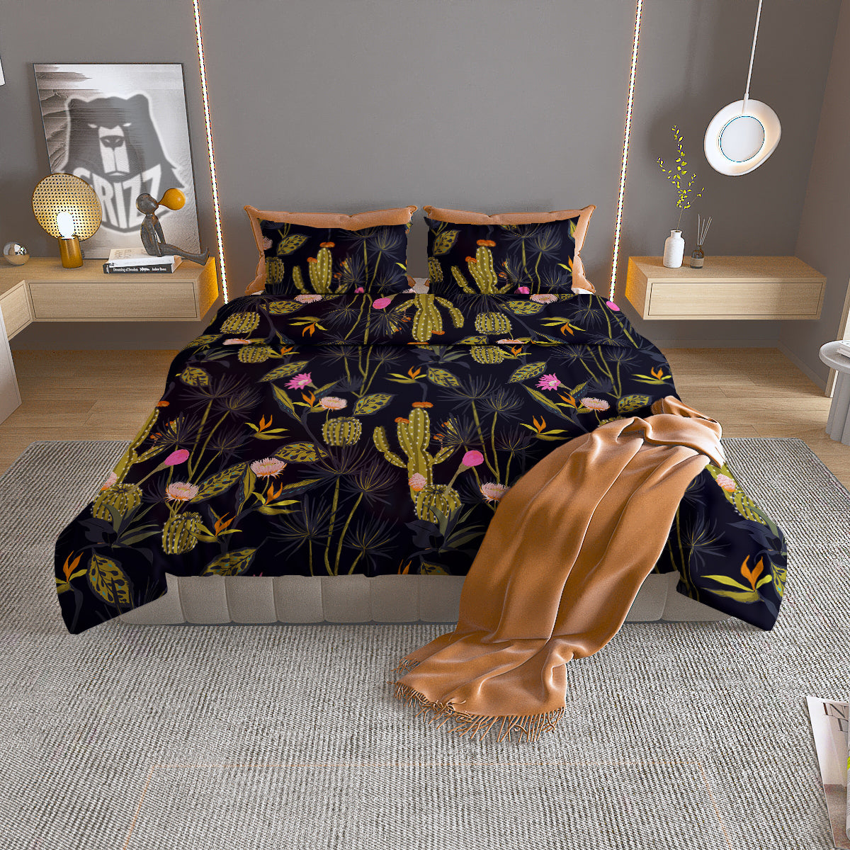 Plant Black Cactus Print Pattern Duvet Cover Bedding Set