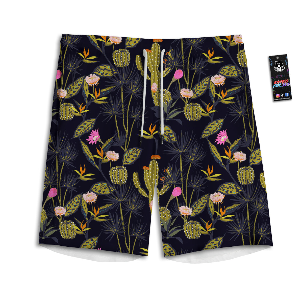 Plant Black Cactus Print Pattern Men's Athletic Shorts