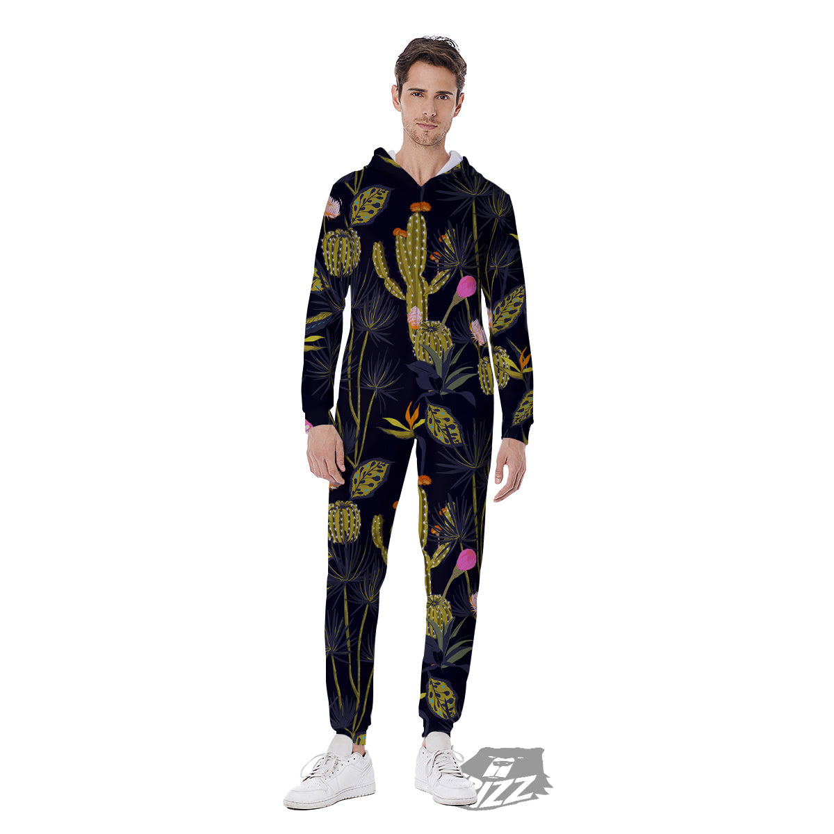 Plant Black Cactus Print Pattern Men's Jumpsuit-grizzshop