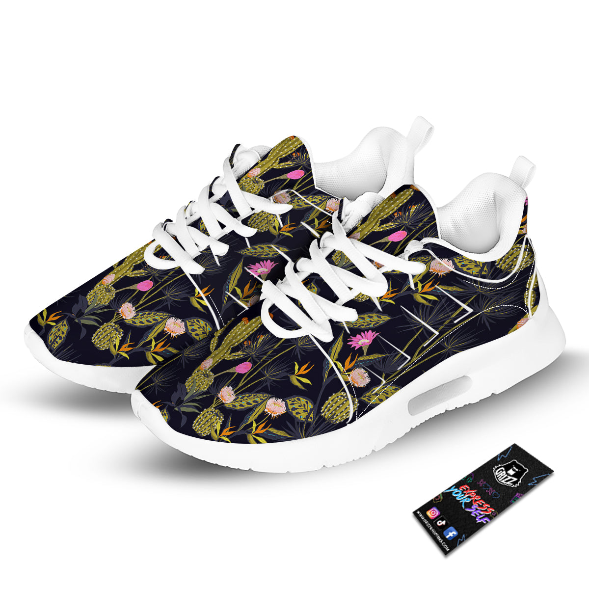 Plant Black Cactus Print Pattern Tennis Shoes-grizzshop