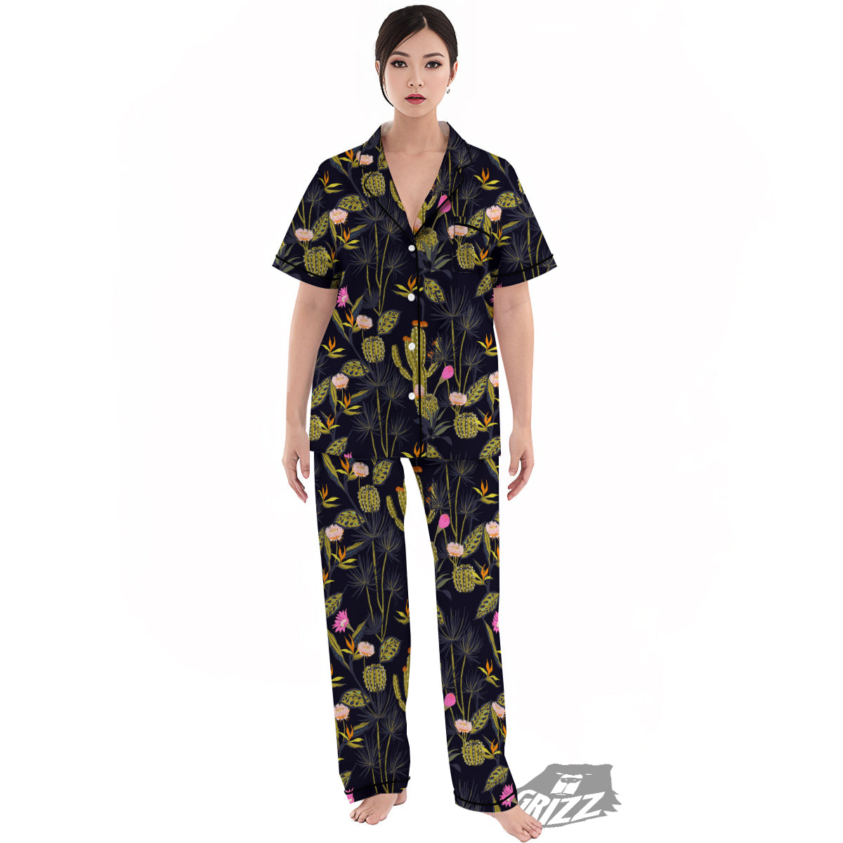 Plant Black Cactus Print Pattern Women's Pajamas Set