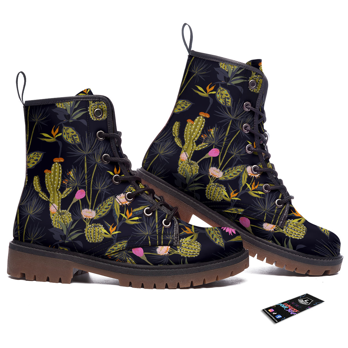 Plant Black Cactus Print Pattern Work Boots-grizzshop