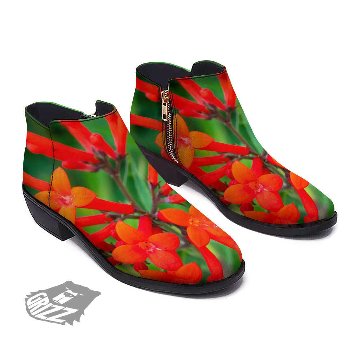 Plant Bouvardia Print Ankle Boots-grizzshop