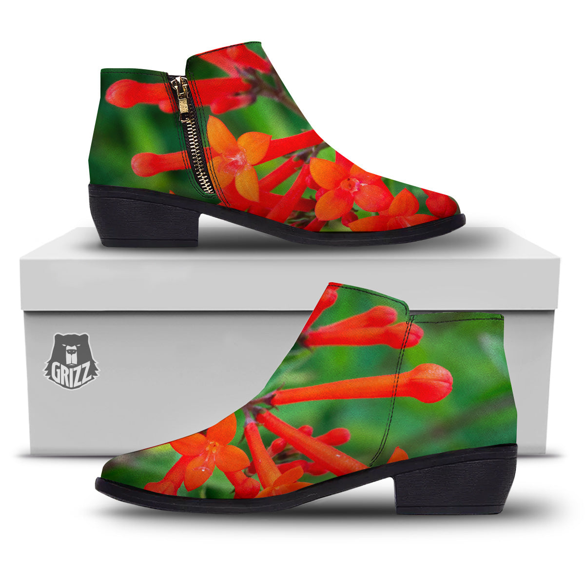 Plant Bouvardia Print Ankle Boots-grizzshop