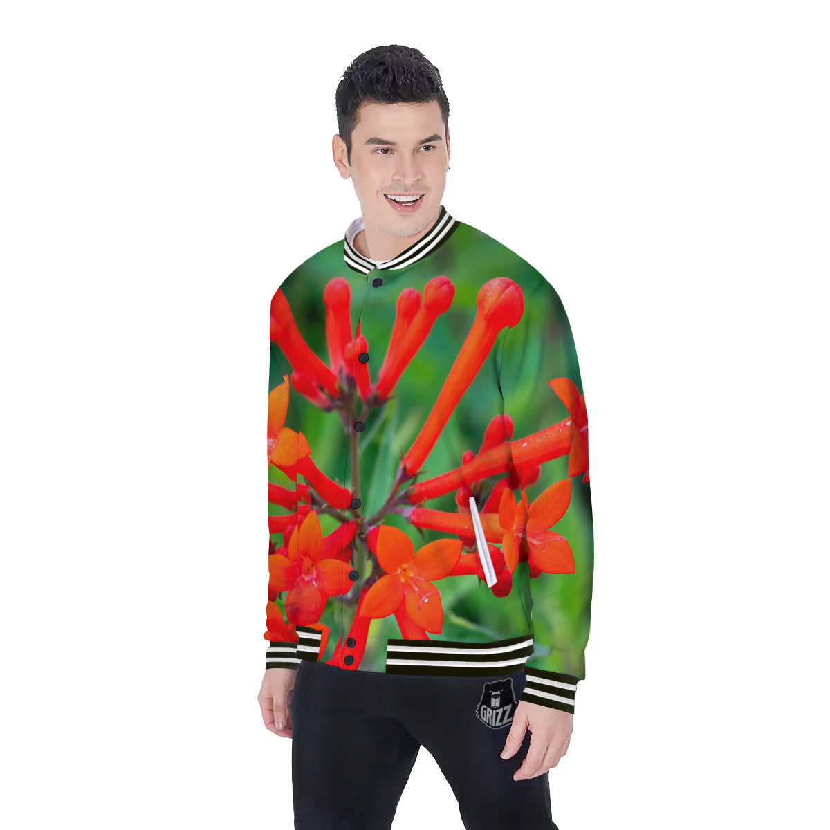 Plant Bouvardia Print Baseball Jacket-grizzshop