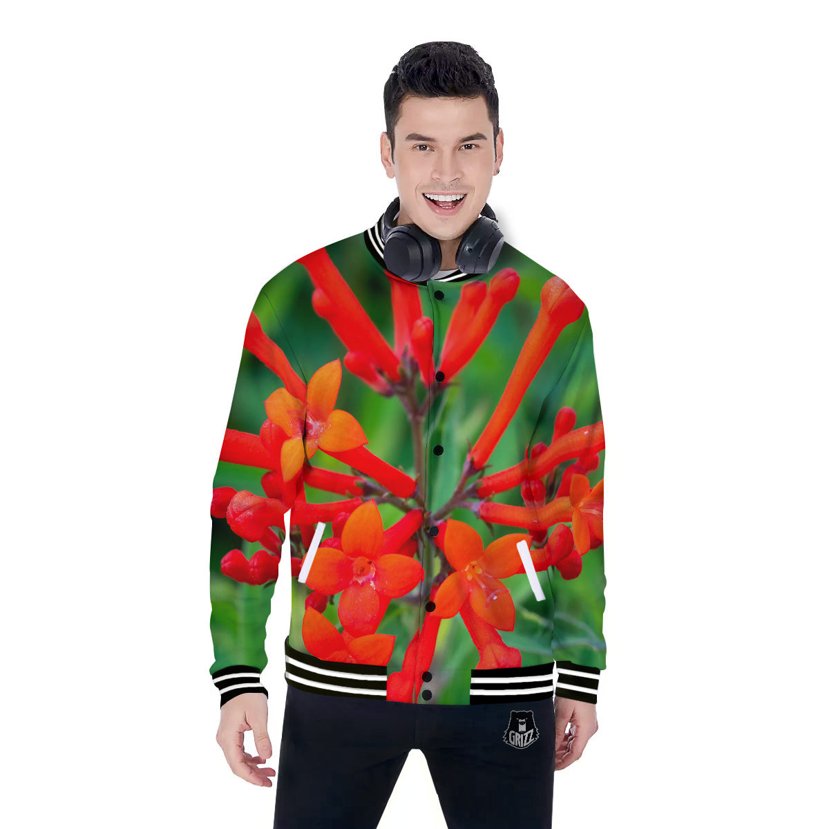 Plant Bouvardia Print Baseball Jacket-grizzshop