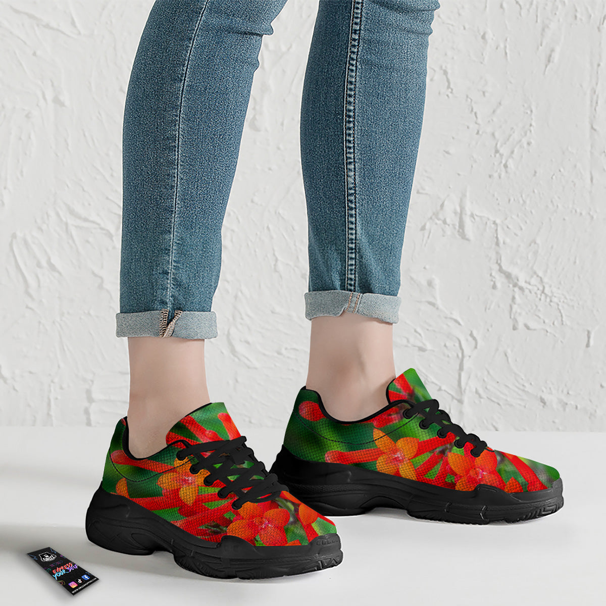 Plant Bouvardia Print Black Chunky Shoes-grizzshop
