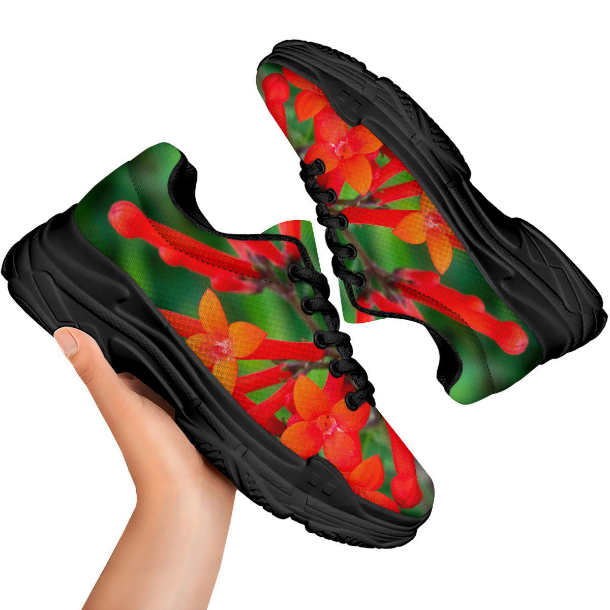 Plant Bouvardia Print Black Chunky Shoes-grizzshop