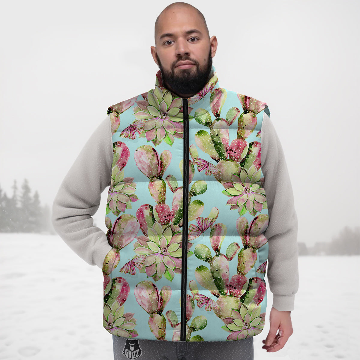 Plant Cactus Watercolor Print Pattern Down Vest