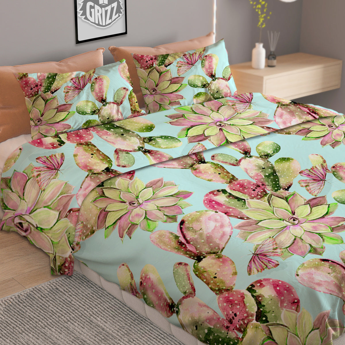 Plant Cactus Watercolor Print Pattern Duvet Cover Bedding Set
