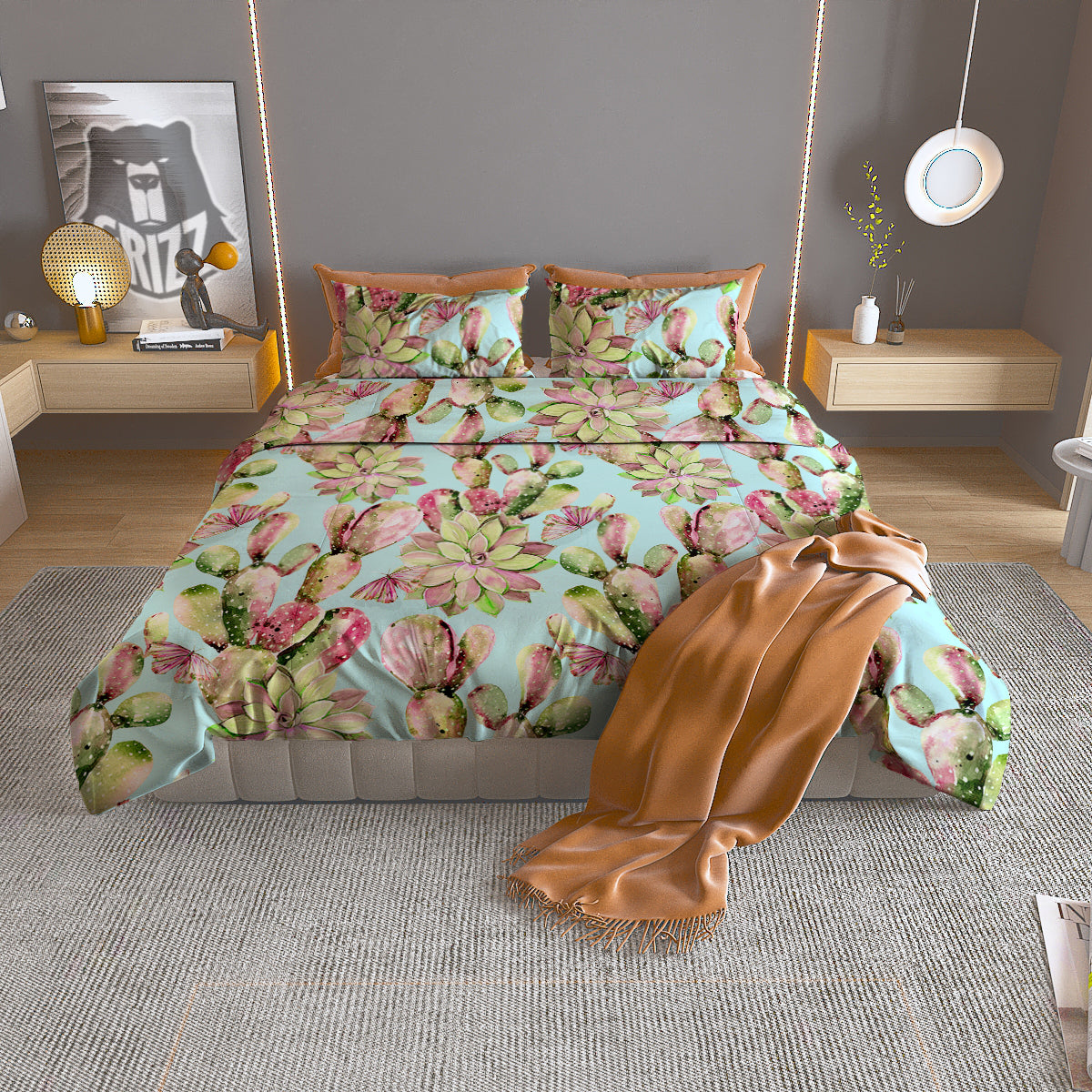Plant Cactus Watercolor Print Pattern Duvet Cover Bedding Set