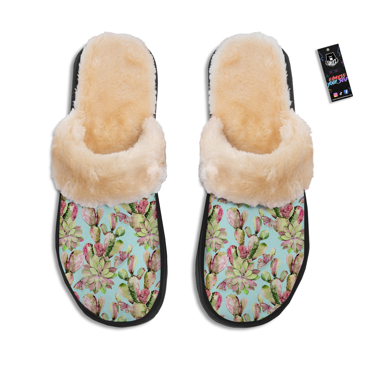 Plant Cactus Watercolor Print Pattern Slippers-grizzshop