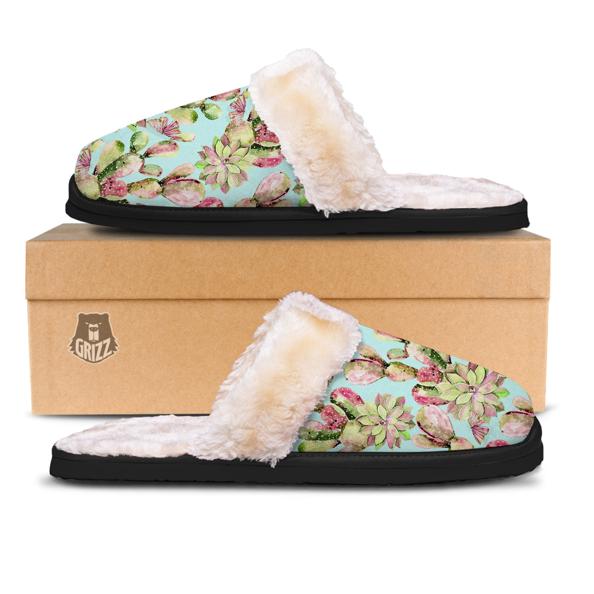 Plant Cactus Watercolor Print Pattern Slippers-grizzshop