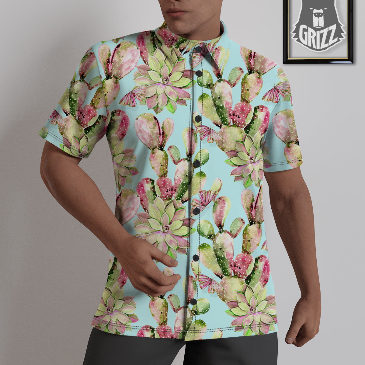 Plant Cactus Watercolor Print Pattern Untucked Shirts-grizzshop