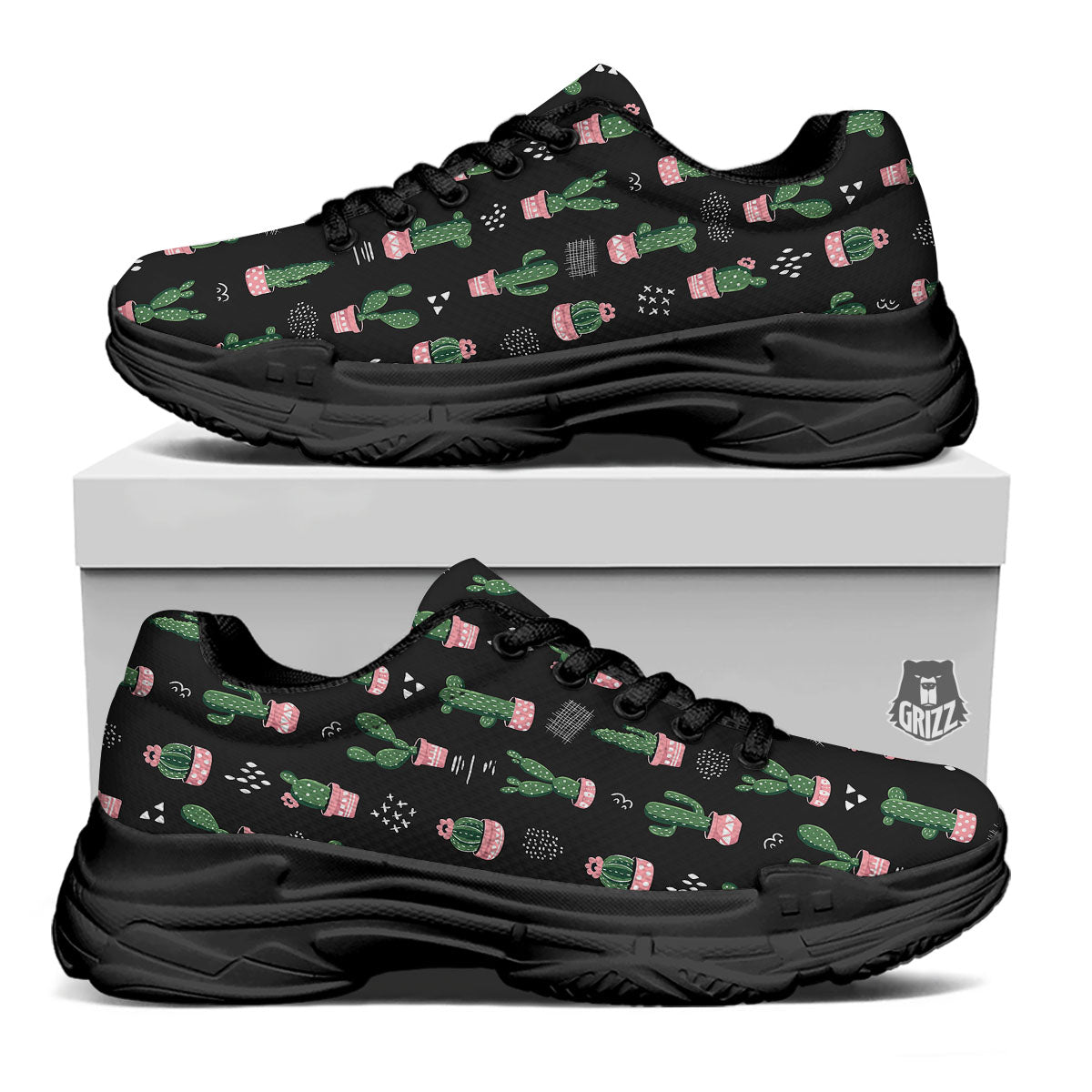 Plant Cute Cactus Print Pattern Black Chunky Shoes-grizzshop