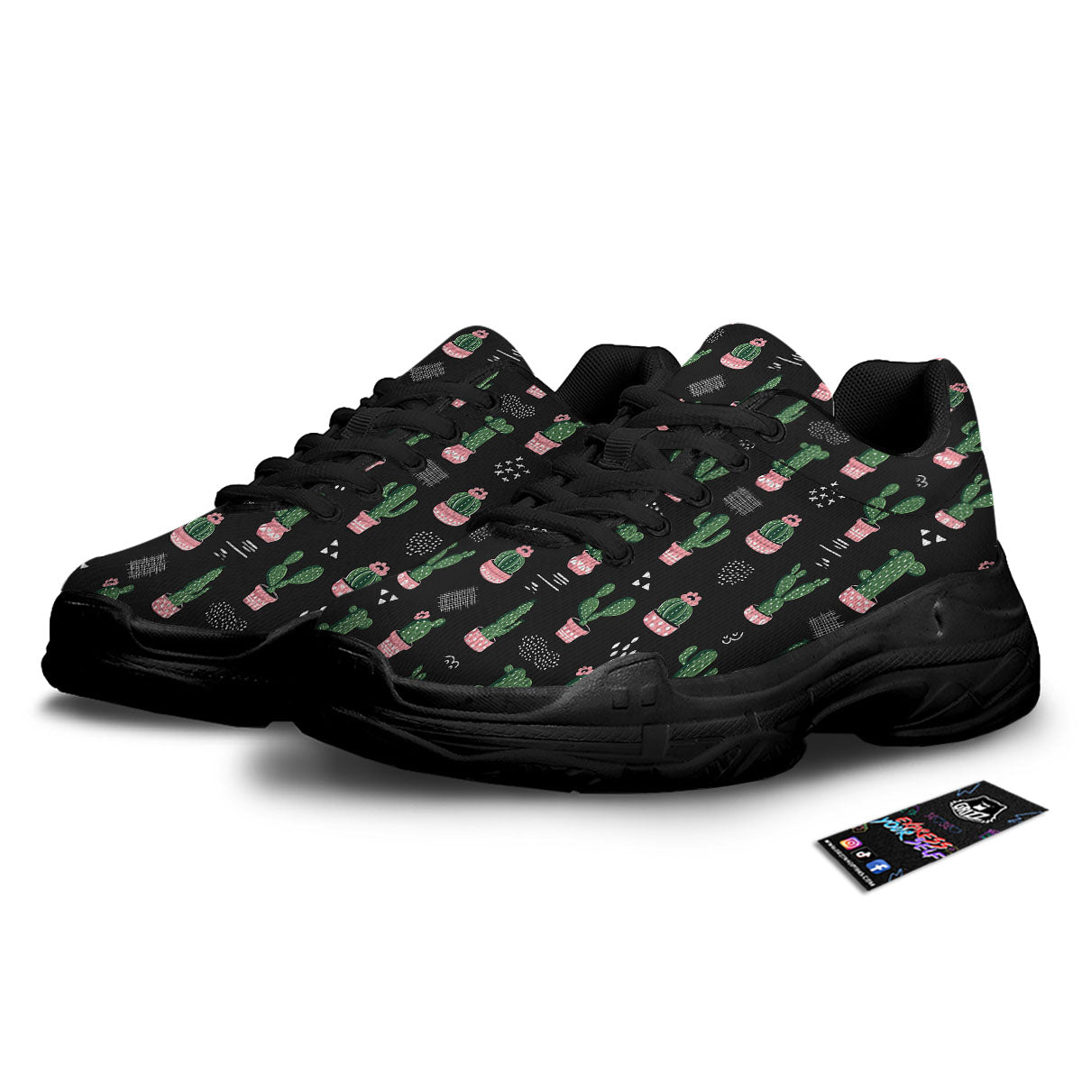 Plant Cute Cactus Print Pattern Black Chunky Shoes-grizzshop