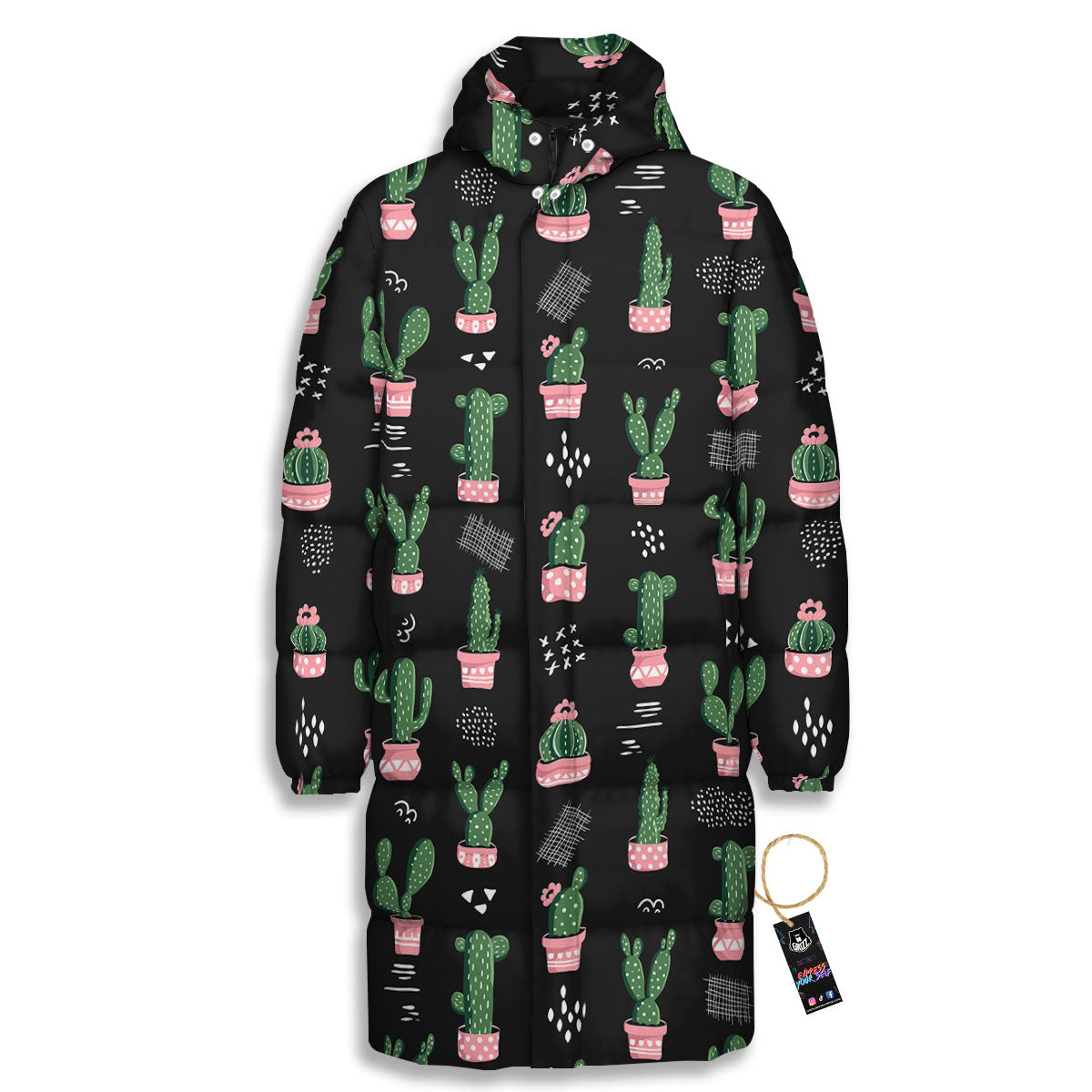 Plant Cute Cactus Print Pattern Long Down Jacket-grizzshop