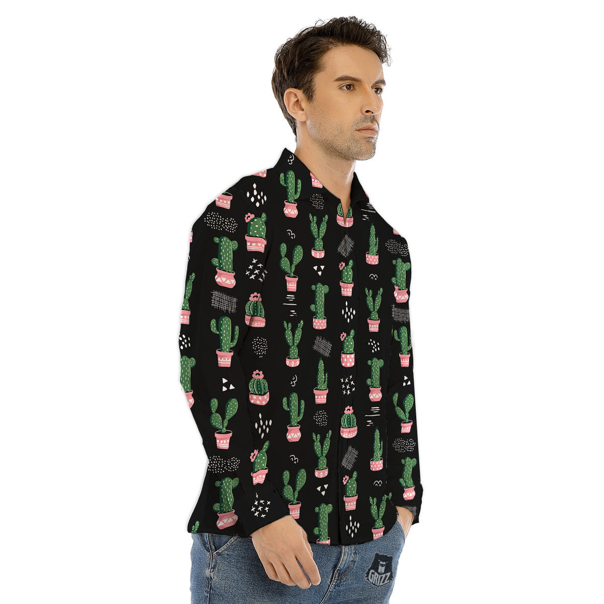 Plant Cute Cactus Print Pattern Men's Dress Shirts-grizzshop