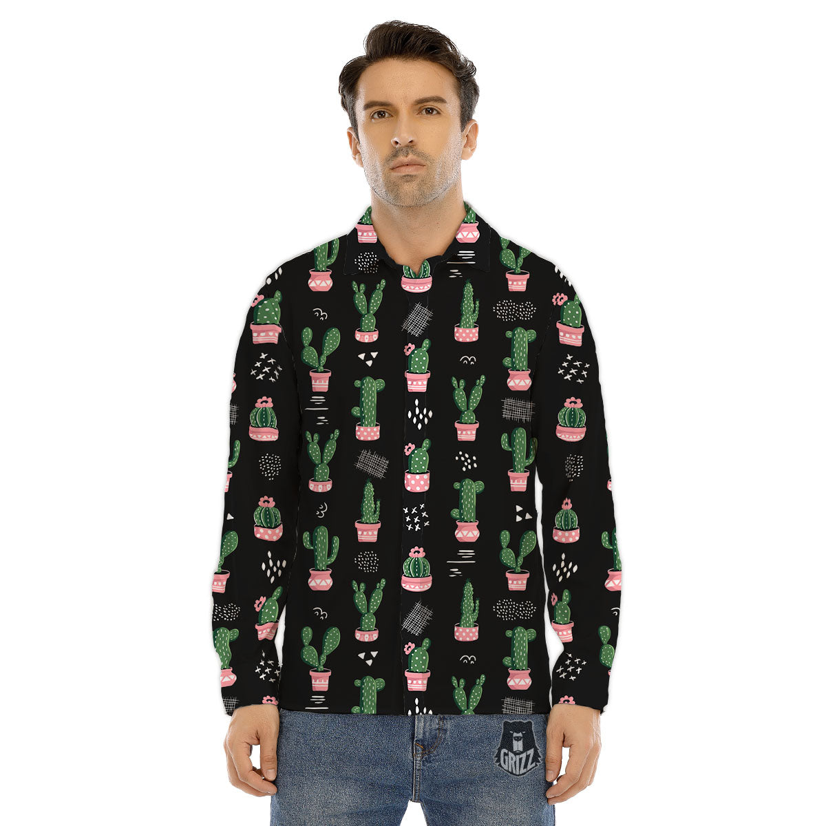 Plant Cute Cactus Print Pattern Men's Dress Shirts-grizzshop