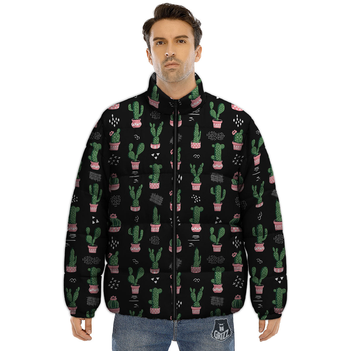 Plant Cute Cactus Print Pattern Puffer Jacket-grizzshop