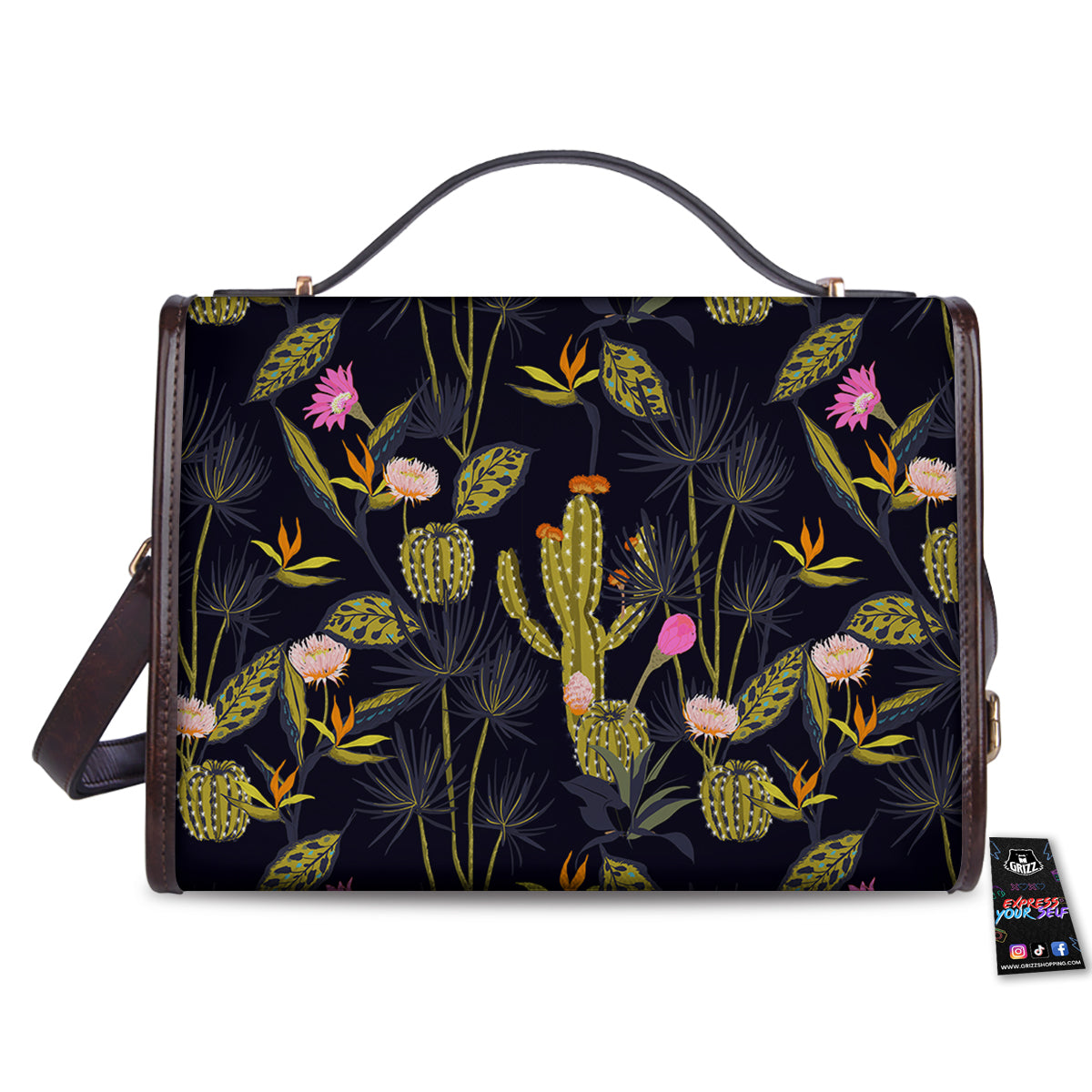 Plant Black Cactus Print Pattern Women's Satchel Bag