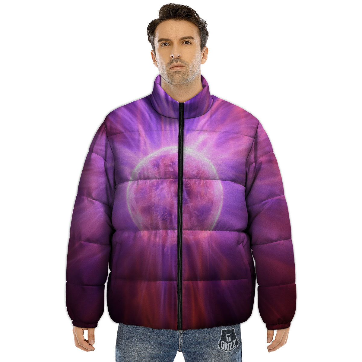 Plasma Ball Purple Print Puffer Jacket-grizzshop