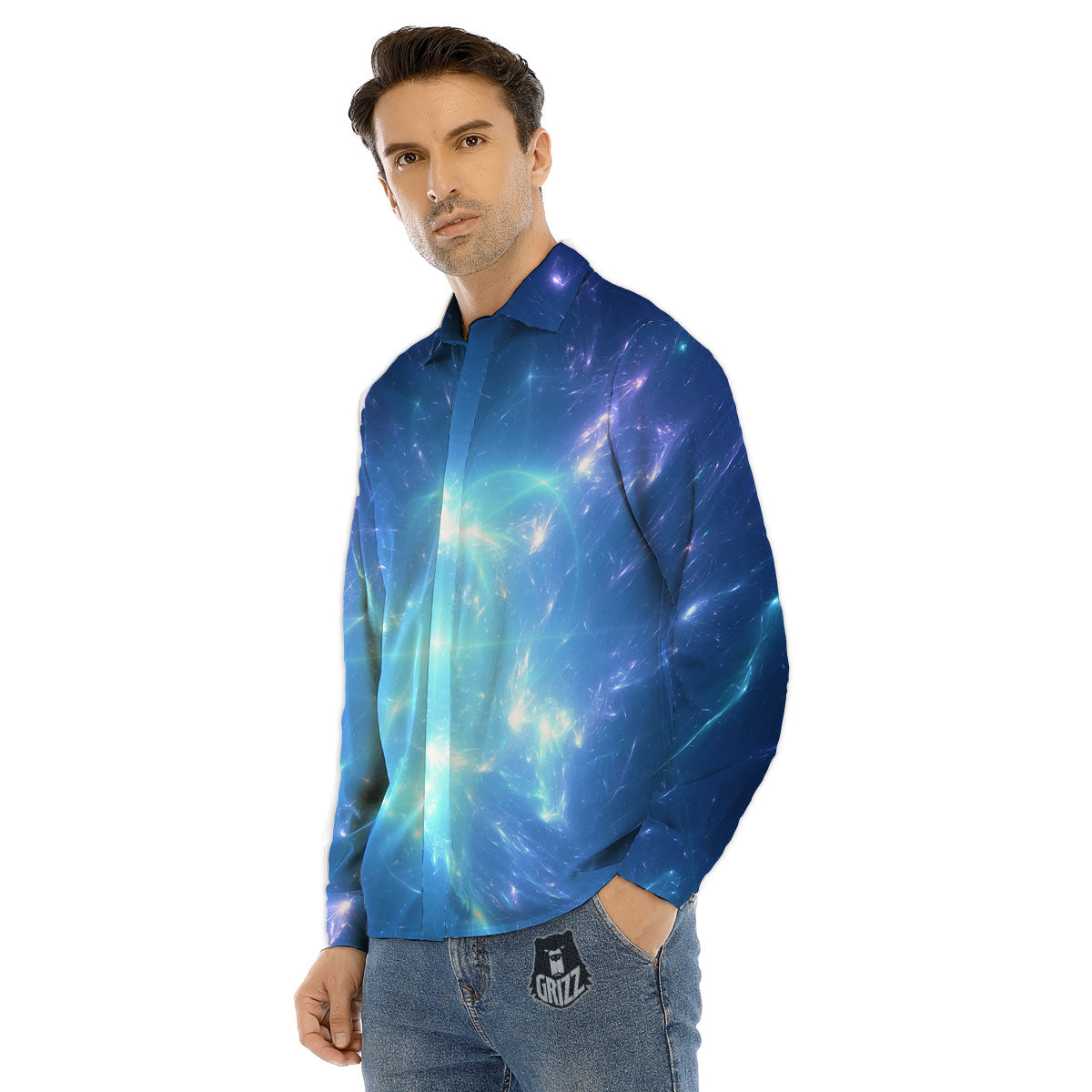 Plasma Blue Print Men's Dress Shirts-grizzshop