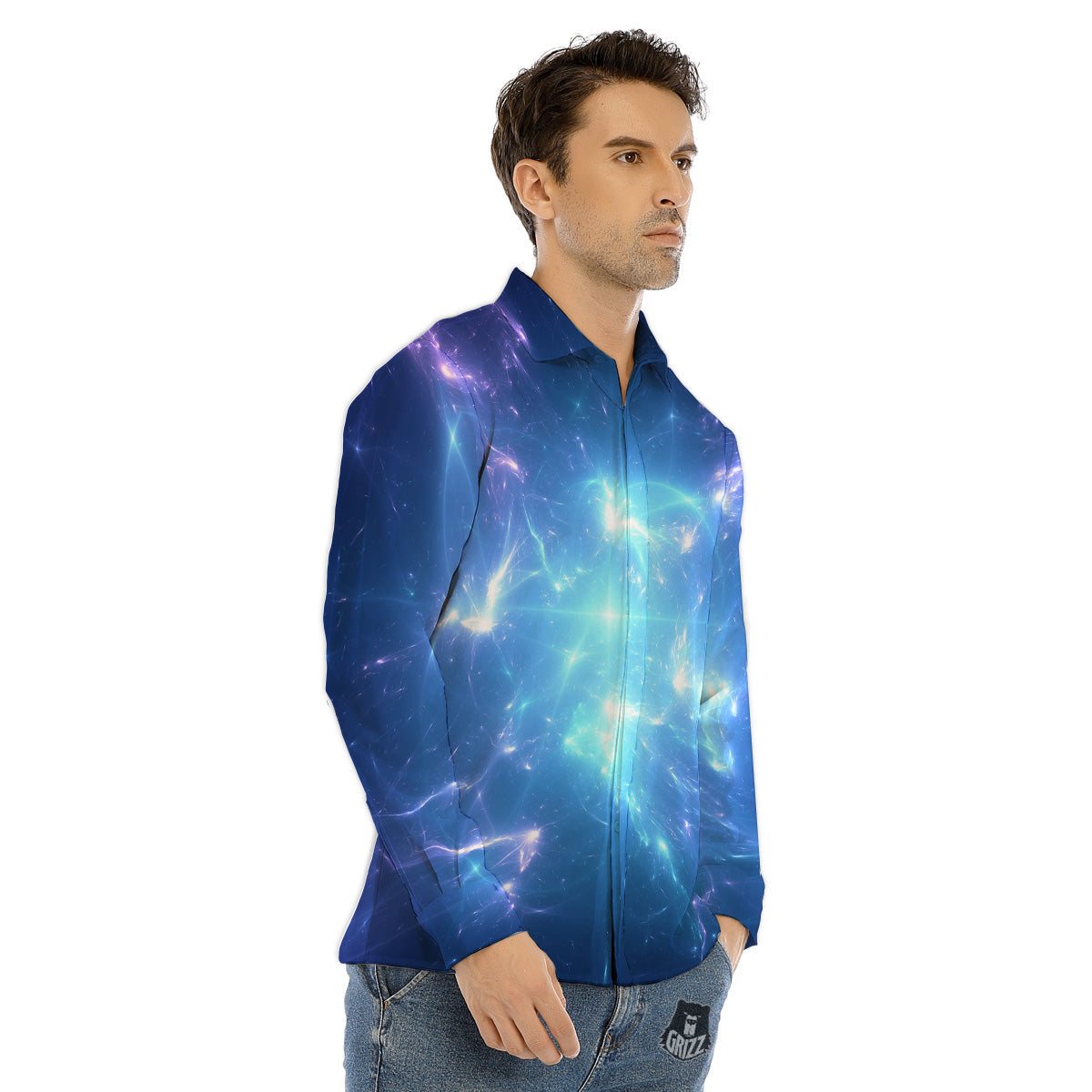 Plasma Blue Print Men's Dress Shirts-grizzshop