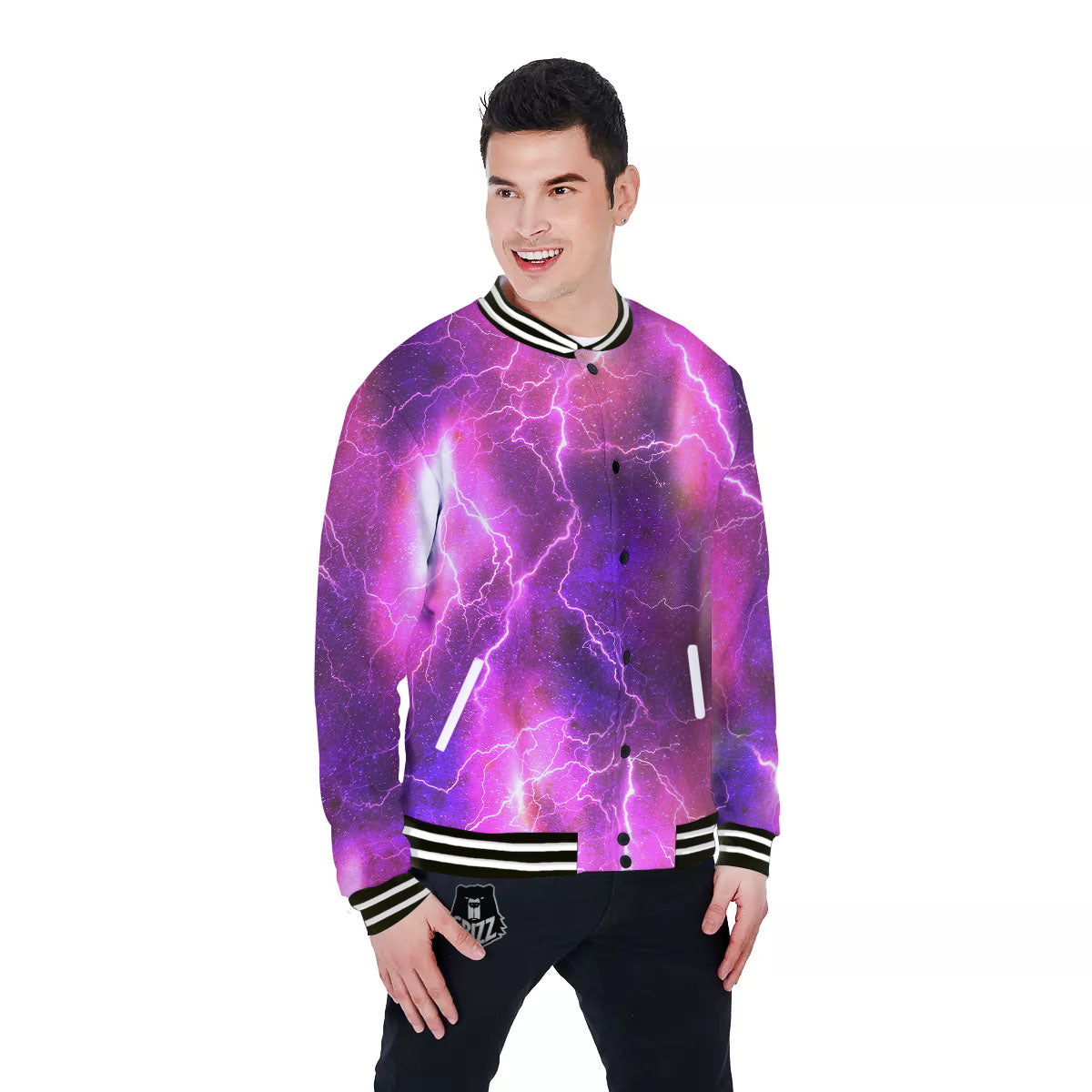 Plasma Lightning Print Baseball Jacket-grizzshop