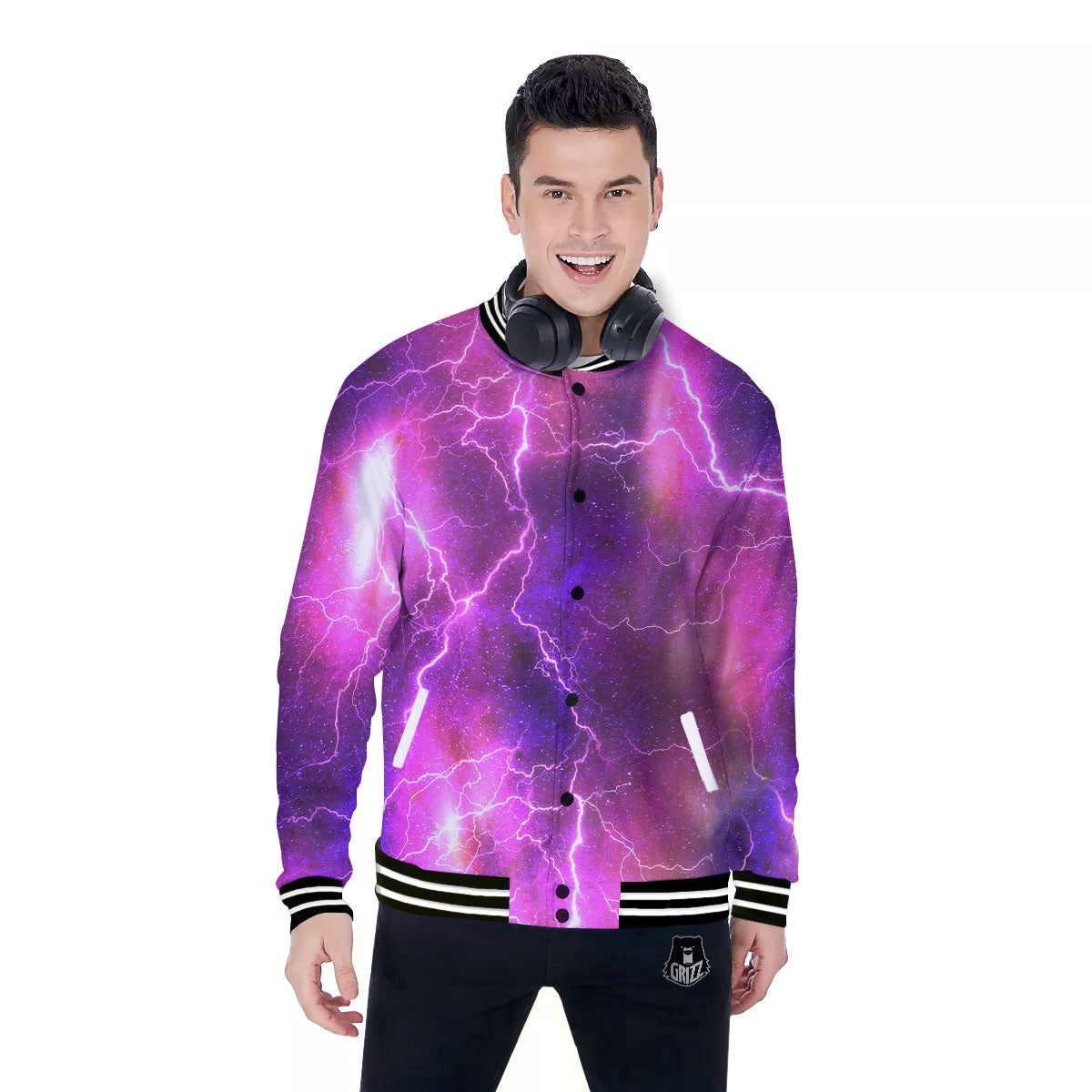 Plasma Lightning Print Baseball Jacket-grizzshop