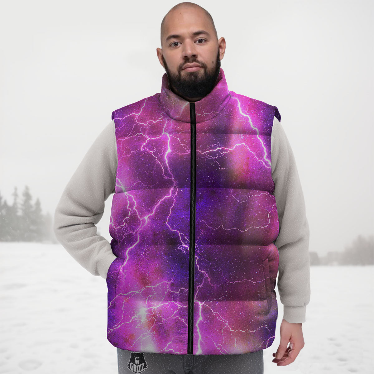 Plasma Lightning Print Down Vest-grizzshop
