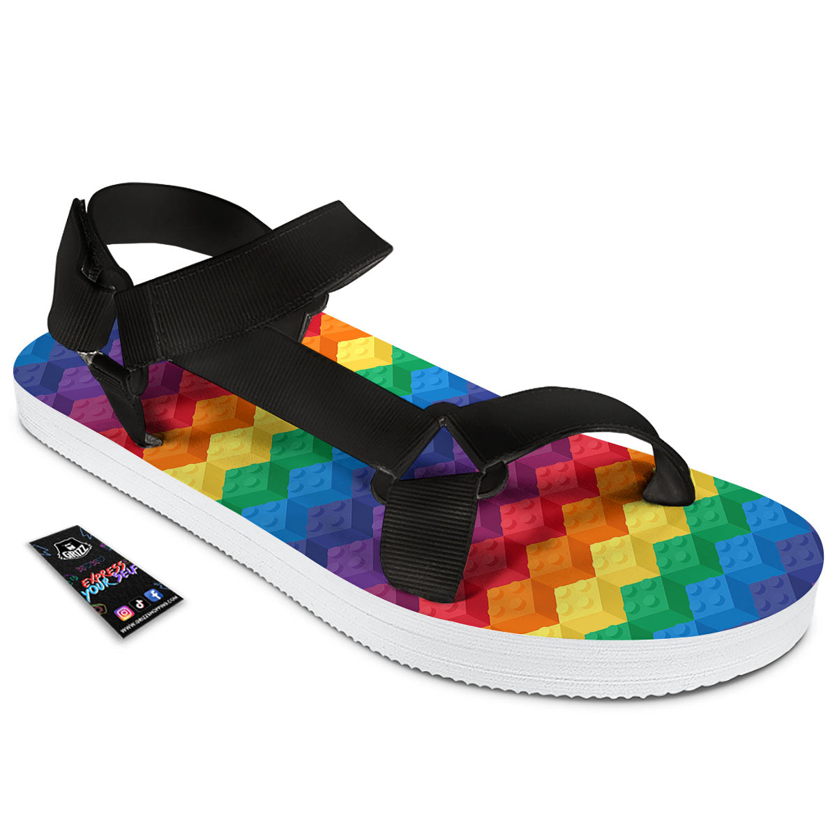 Plastic Blocks Building Print Pattern Black Open Toe Sandals-grizzshop