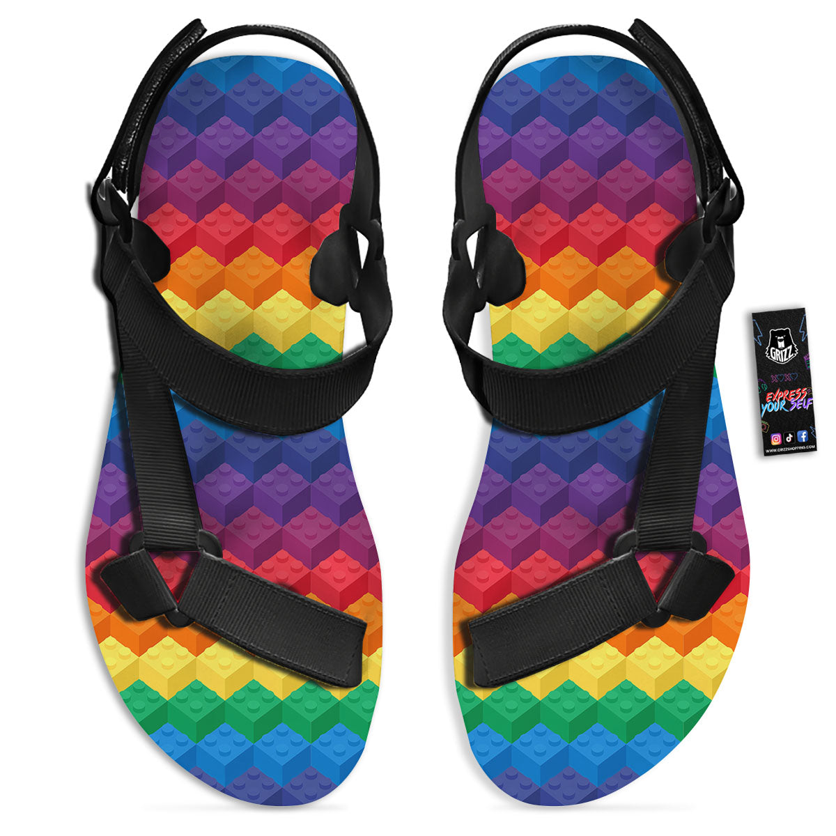 Plastic Blocks Building Print Pattern Black Open Toe Sandals-grizzshop