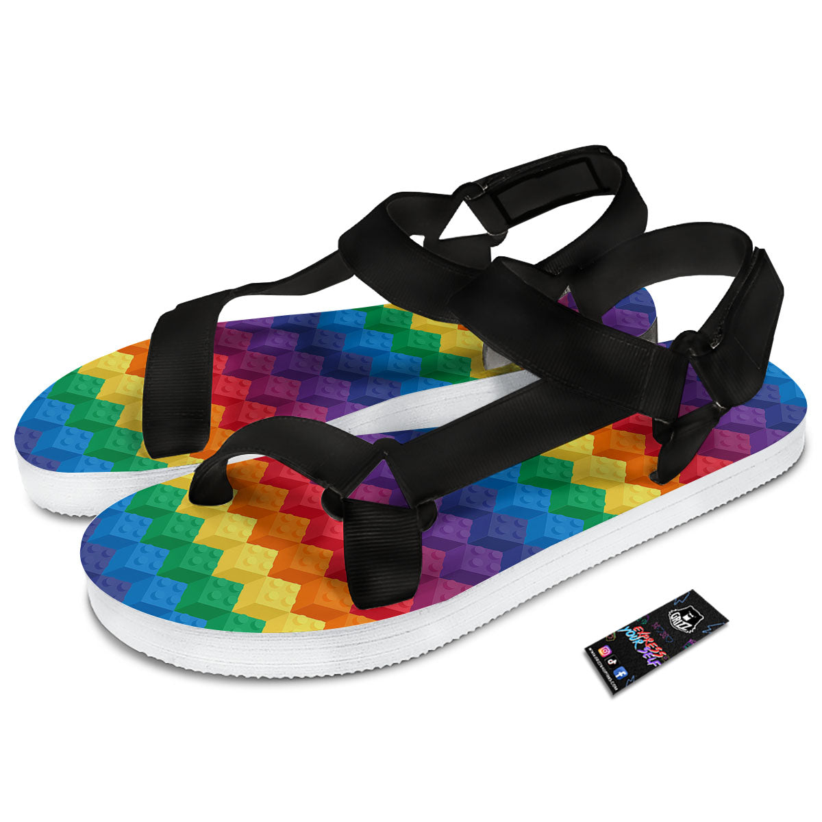 Plastic Blocks Building Print Pattern Black Open Toe Sandals-grizzshop
